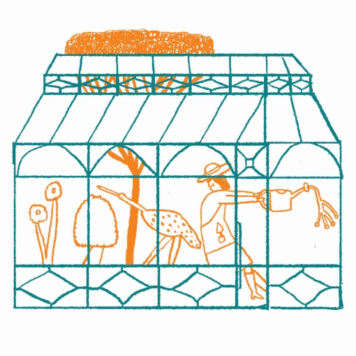 illustrazione di una giardiniera dentro a una serra